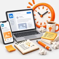 A desk with a laptop, phone, notes and a clock