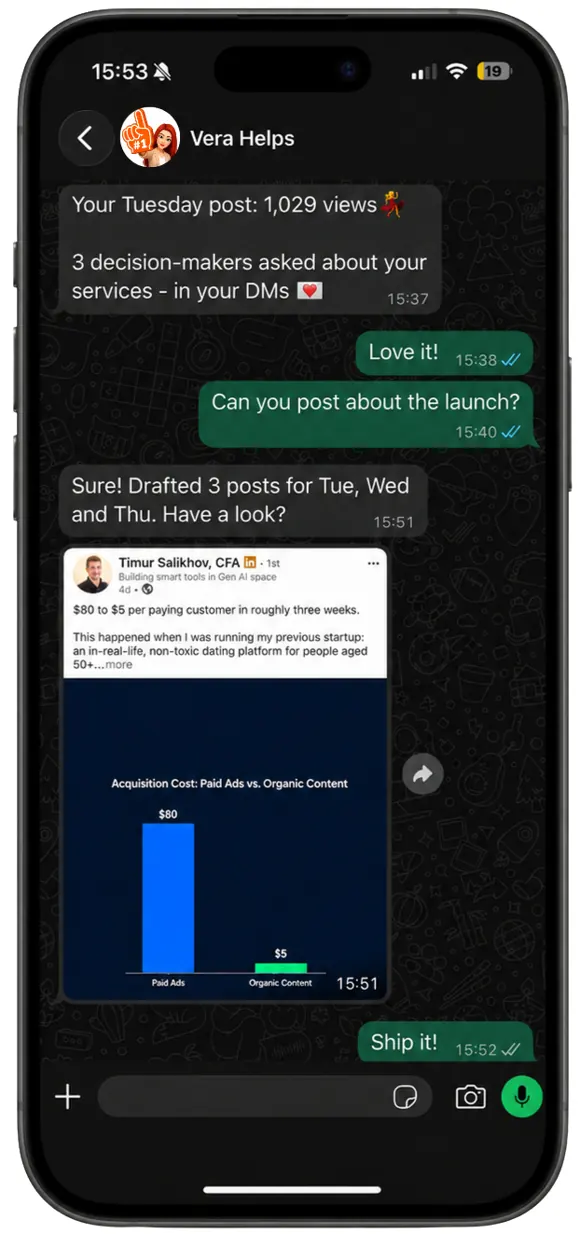 A week with Vera: your post results, a request for new posts, and drafts ready to approve