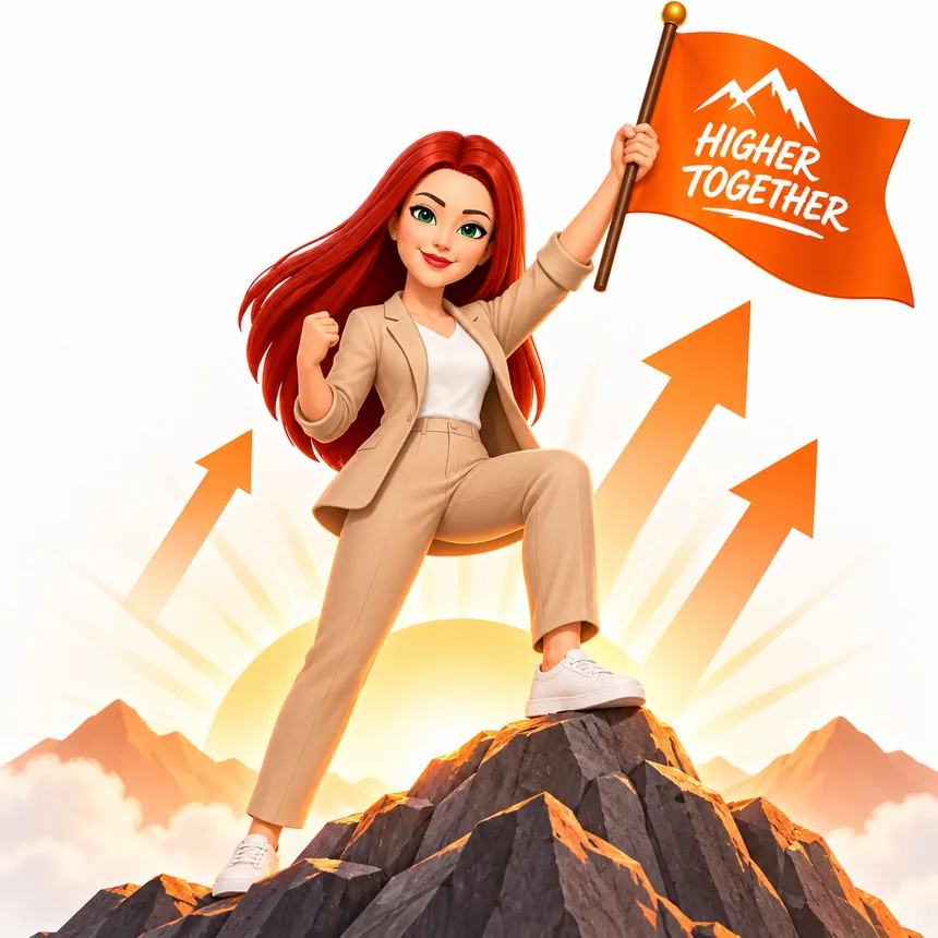 Vera on a mountain top, holding a flag that reads Higher Together